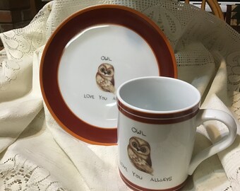 Here I have A large Mug, And A Sandwich Plate With Owls