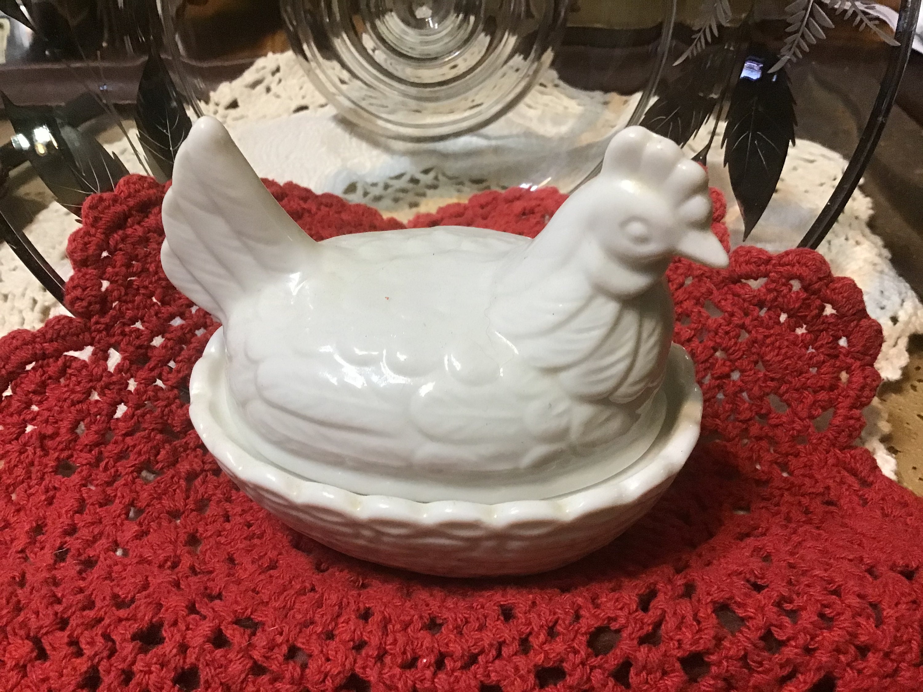 Vintage Ceramic Hen Sitting on Basket With Rooster & Small Hen Etsy