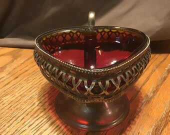 Vintage Heart Shape Ruby Red Dish With SilverTone Filigree Holder