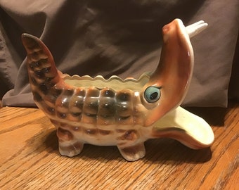 Vintage Ceramic Alligator Planter, Cactus, Trinkets, Ivy