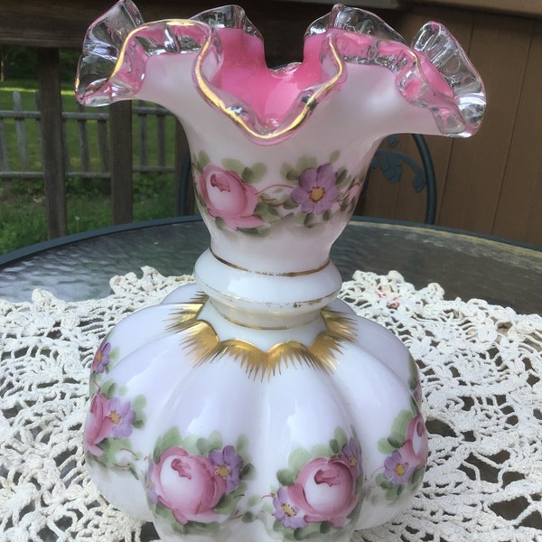 Vintage Fenton Art Glass Vase, Rose Pattern, Sunset Melon Ruffled Top