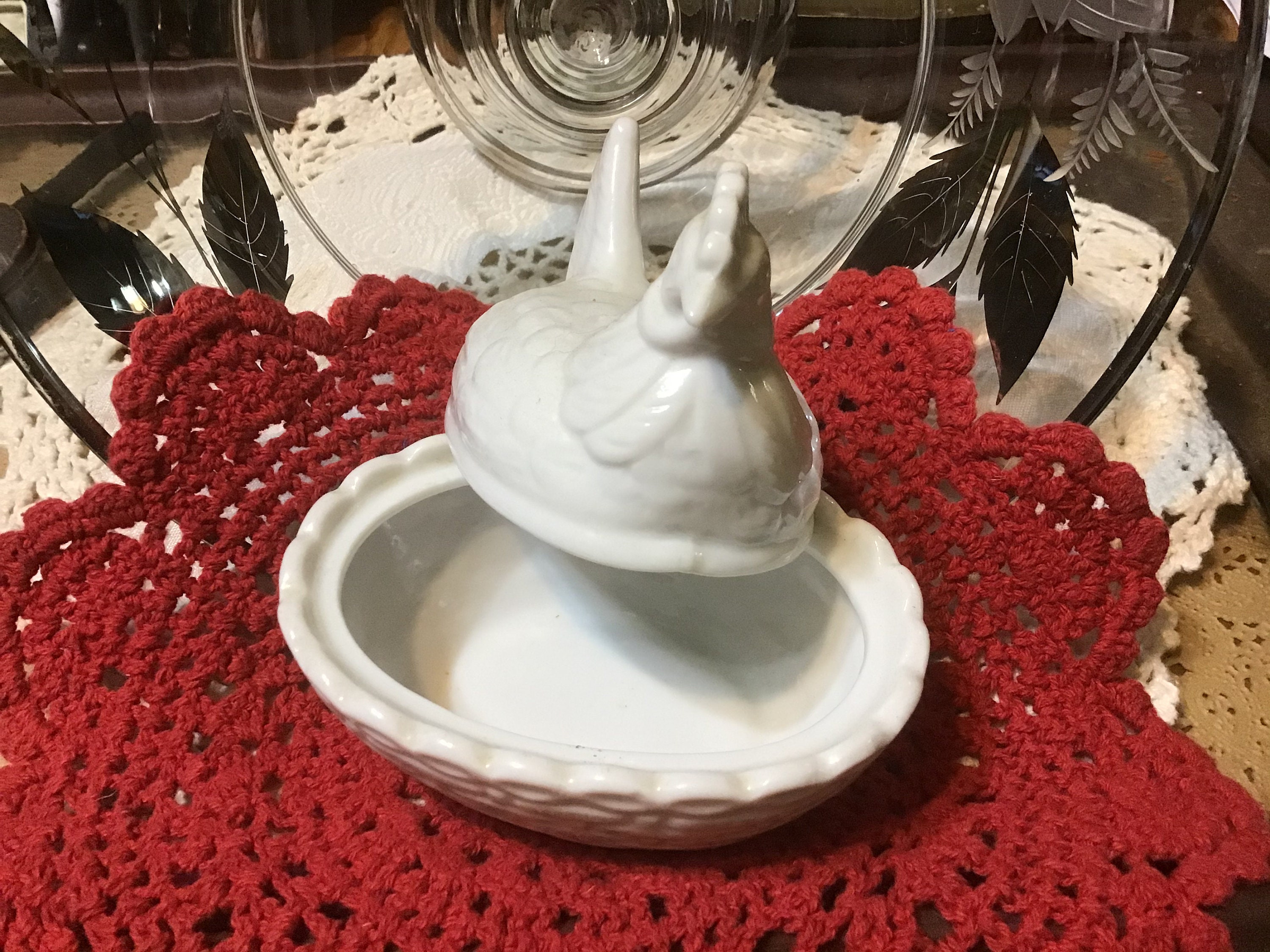 Vintage Ceramic Hen Sitting on Basket With Rooster & Small Hen Etsy