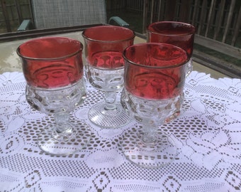 Vintage Thumbprint Water/Wine Goblets Ruby Red An Clear Set Of Four