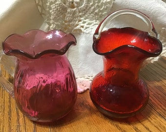Vintage Pilgrim Handblown Glass Pitcher & Basket Pink, Ruby Red