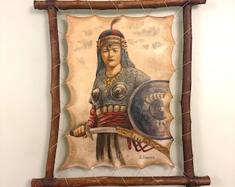 Originales Vintage-Gemälde auf gespanntem Rohleder – „Amazonenkrieger“ – Signiert A. Almazov, 34 x 41 cm