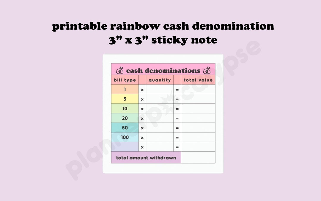 Cute Rainbow PRINTABLE Cash Denomination Breakdown 3 X 3 Sticky Notes for Cash Envelope ...