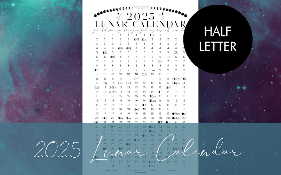2025 Printable Lunar Calendar for Half Letter Rings Planner Discbound