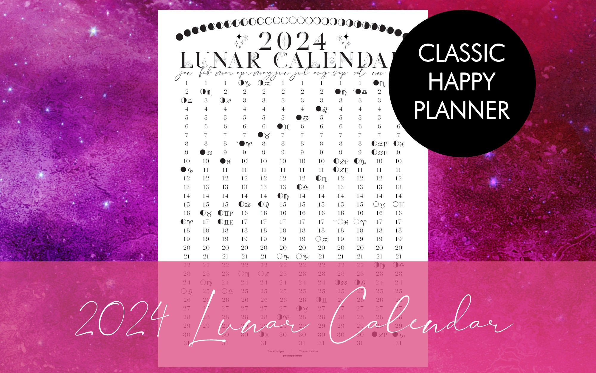 2024 Printable Lunar Calendar for Classic Happy Planner Moon Phases ...