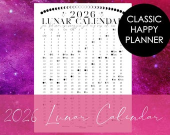 2026 Printable Lunar Calendar for Classic Happy Planner | Moon Phases | Discbound | Stargazer | Dream Seeker | Astrology | Spiritual Ritual