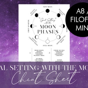 Puede incluir: Una hoja de trucos imprimible para establecer objetivos con una ilustración en blanco y negro de las fases lunares. El texto dice "Goal Setting with the Moon Phases" e incluye una lista de actividades para cada fase lunar. La impresión tiene el tamaño adecuado para A8 o Filofax Mini.