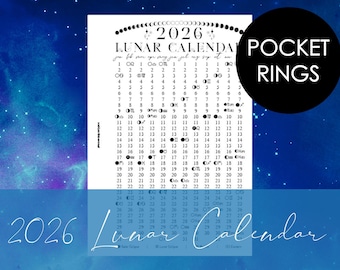 2026 Printable Lunar Calendar Insert for Pocket Rings Planner | moon phases | astrology | filofax | foil ready | wallet | binder