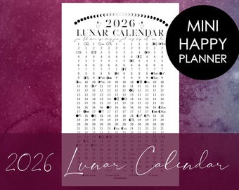 2026 Printable Lunar Calendar for Mini Happy Planner | Moon Phases | Discbound | Stargazer | Dream Seeker | Astrology | Spiritual Ritual