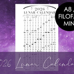 May include: A white 2026 lunar calendar with moon phase illustrations, set against a purple galaxy background. The calendar includes the text "2026 Lunar Calendar" and is labeled "A8 / Filofax Mini".