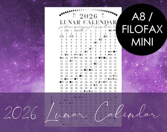 2026 Printable Lunar Calendar Insert for A8 Filofax Mini Micro 5 Rings Planner binder | moon phases | astrology | foil ready | wallet