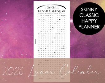 2026 Printable Lunar Calendar for Skinny Classic Happy Planner | Moon Phases | Discbound | Stargazer | Dream Seeker | Astrology | Spiritual