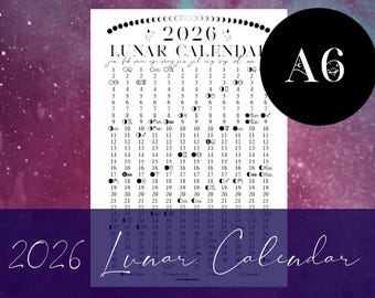 2026 Printable Lunar Calendar for A6 Rings Planners / Binders / Hobonichi Techo Original | Stalogy notebooks | Astrology | Moon Phases
