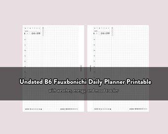 May include: A printable daily planner in B6 size with a grid layout. The planner includes sections for tracking weather, energy levels, and mood.