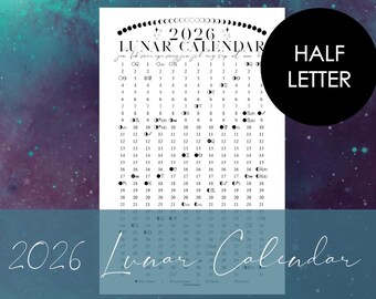 2026 Printable Lunar Calendar for Half Letter Rings Planner | Discbound | Martha Stewart | ARC system | Levenger | Junior binder | astrology
