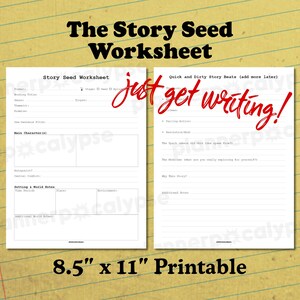 Pode incluir: Uma folha de trabalho imprimível intitulada "The Story Seed Worksheet" com o texto "just get writing!" em vermelho. A folha de trabalho tem 21,6 cm x 27,9 cm e inclui seções para detalhes e notas da história. O fundo é um papel pautado.