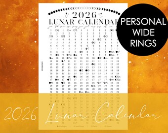 2026 Printable Lunar Calendar Insert for Personal WIDE Rings Planner | moon phases | astrology | foil ready | wallet | binder | witchy