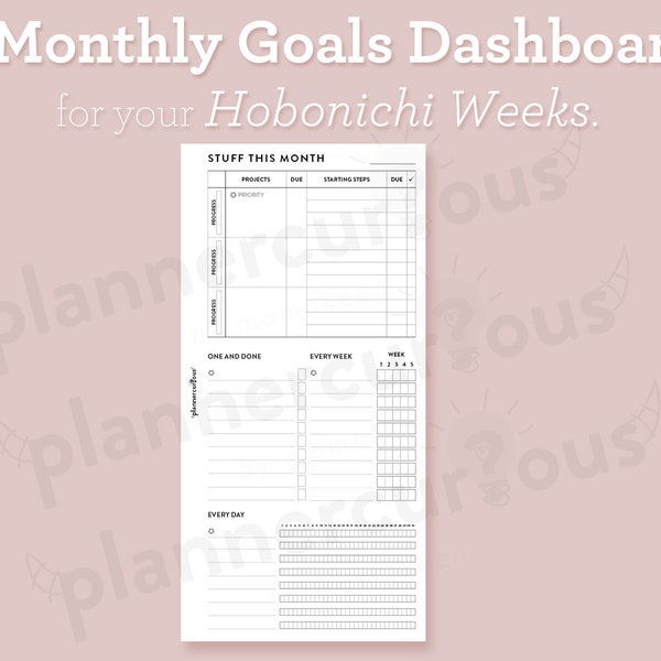 Monthly Goal Setting Dashboard for Hobonichi Weeks Printable Insert | GTD Projects | habit tracker | monthly plan | mental health