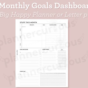 Monthly Goal Setting Dashboard for Big Happy Planner Printable or Letter Insert | GTD Projects | habit tracker monthly plan | mental health