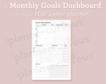 May include: A printable monthly goals dashboard for a half-letter planner. The dashboard includes sections for "Stuff This Month", "One and Done", "Every Week", and "Every Day".