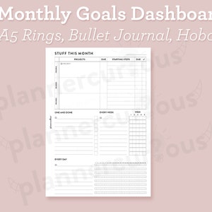 以下が含まれることがあります： A5リング、バレットジャーナル、ほぼ日手帳用の印刷可能な月間目標ダッシュボード。ダッシュボードには、「Stuff This Month」、「One and Done」、「Every Week」、「Every Day」のセクションが含まれています。