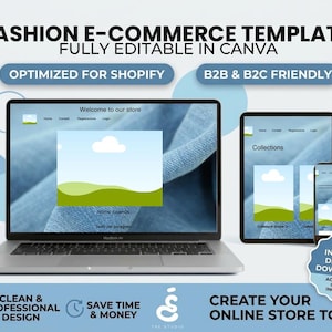 Può includere: Un modello di e-commerce di moda per Canva, visualizzato su un computer portatile, un tablet e uno smartphone. Gli schermi mostrano il layout di un sito web con intestazione, menu di navigazione e segnaposto per le collezioni di prodotti.