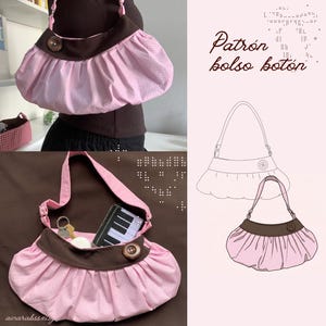 Könnte beinhalten: Eine hellrosa Hobo-Tasche mit weißem Punktemuster, einem dunkelbraunen oberen Band und einem großen braunen Knopf. Die Tasche hat ein gerafftes, gefaltetes Design und einen Schulterriemen. Das Bild enthält eine Schnittmusterzeichnung mit der Aufschrift Patrón bolso botón.