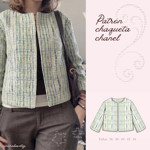 May include: A tweed jacket featuring a light green, blue, and cream plaid pattern with a round neckline and long sleeves. The image includes text reading Patrón chaqueta chanel and Tallas: 36 - 38 - 40 - 42 - 44, alongside a technical drawing of the jacket.
