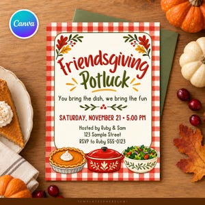 Może przedstawiać: Prostokątne zaproszenie na Friendsgiving Potluck z czerwono-białą kratką na obrzeżach, ilustracjami jesiennych liści oraz tekstem Friendsgiving Potluck, You bring the dish, we bring the fun, Saturday, November 21, 5:00 PM.