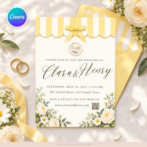 Butter Yellow Wedding Invitation Template with QR Code, Garden Party Wedding Website Card, Striped Awning Bow Daisy Invite, Editable Canva