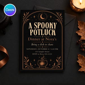 May include: A black rectangular invitation card featuring gold-colored text and illustrations. The text reads A SPOOKY POTLUCK, Dinner at Nora's, Bring a dish to share, SATURDAY, OCTOBER 31, 6:00 PM, 123 Sample Street, RSVP to Nora 555-0123.