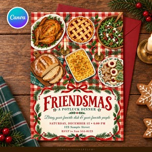 Puede incluir: Una tarjeta de invitación para una cena de Friendsmas con un fondo de cuadros rojos y blancos, ilustrada con un pavo asado, una tarta, una ensalada, pan y galletas, junto con texto que detalla la información del evento.
