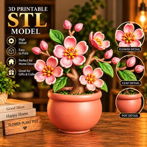 Può includere: Un modello STL stampabile in 3D di una pianta di ciliegio in fiore in un vaso rotondo color pesca. La pianta presenta fiori rosa con centri gialli, foglie verdi e rami marroni. Il testo include 3D PRINTABLE STL MODEL, FLOWER DETAIL, LEAF DETAIL e POT DETAIL.