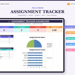 May include: A digital assignment tracker dashboard for Google Sheets and Excel featuring a summary of assignments, exams, grades, and a class schedule. The interface displays data tables, a pie chart, and a bar graph tracking academic progress.