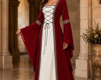 Medieval Renaissance Gown, Gothic Celtic Long Dress, Lace-Up Bodice (Floor Length)
