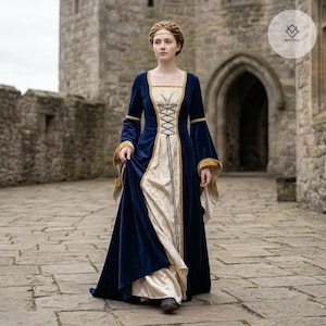 Könnte beinhalten: Ein bodenlanges Kleid mit einer tiefblauen Samtaußenschicht, langen ausgestellten Ärmeln und Goldbesatz, kombiniert mit einem cremefarbenen, gemusterten Oberteil und Rockeinsatz. Das Vorderteil verfügt über eine dunkle Schnürung im Korsettstil.