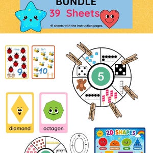 Könnte beinhalten: Ein Mathematik-Lernpaket für Kleinkinder mit 39 Arbeitsblättern und 41 Blättern inklusive Anleitungsseiten. Enthält Zählkarten mit Marienkäfern und Bienen, Formenkarten für Diamant und Achteck, kreisförmige Rechenräder und ein 2D-Formen-Poster.