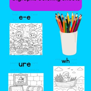 Peut inclure: Un ensemble de 42 fiches de coloriage sur les trigraphes et digraphes phonétiques avec des illustrations en noir et blanc pour les sons e-e, ure et wh. Inclut un pot rempli de crayons colorés, un pique-nique, un coffre au trésor et un bateau.