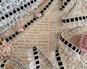 Victorian Ivory Lace Trim with Black Velvet Ribbon – Ruffled Scallop Antique Style by Yard