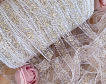 Vintage floral white and gold lace trim, shabby chic floral lace ribbon, doll lace trim by the Yard