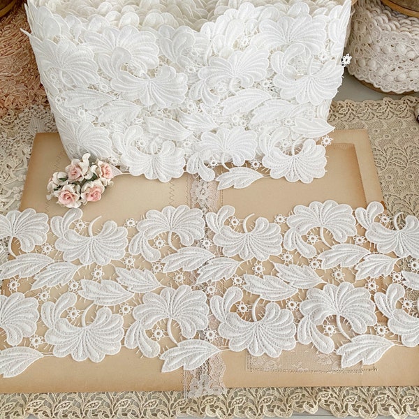 Floral leaf Guipure schiffli lace Cluny white leaves Venise lace trim by the yard