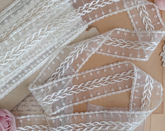 Vintage White Ivory Embroidered Net Mesh Eyelet Lace Ribbon Trim by the Yard