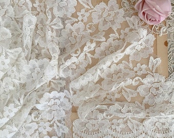 Vintage white ivory alencon lace fabric by the yard