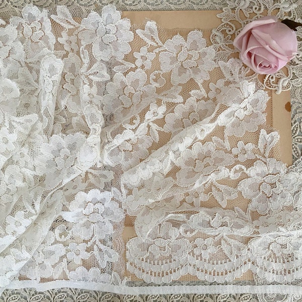 Vintage white ivory alencon lace fabric by the yard