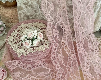 Vintage Dusty Pink Floral Lace Trim by the Yard, Wide Non Stretch Lingerie Lace, Vanity Fair Lace