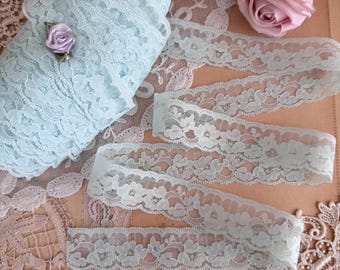 Vintage Pastel Aqua Blue lace trim, shabby chic floral lace ribbon, doll lace trim by the Yard