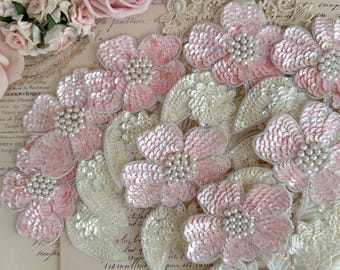 Vintage Pink Flower Sequin Appliqué, Pink Beaded Applique Patch